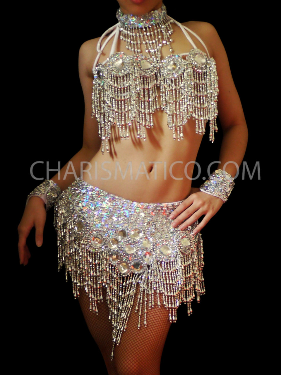 Showgirl's Silver Beaded Bra, Belt, Cuffs And Collar Belly-Dancer Set