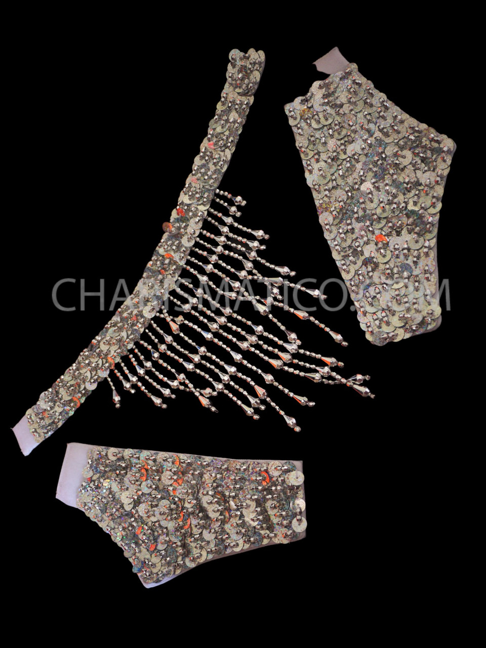 Showgirl's Silver Beaded Bra, Belt, Cuffs And Collar Belly-Dancer Set