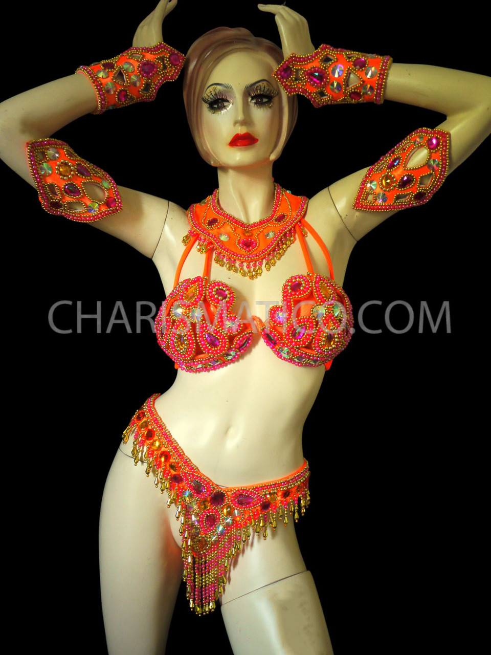 Gold Sequin Belly Dance / Samba Costume Bra with Beaded Fringe