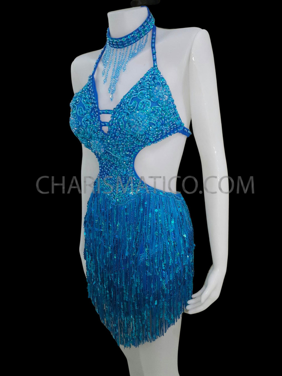 Sequin Accented Blue And White Fringe Cutout Salsa Dance Dress