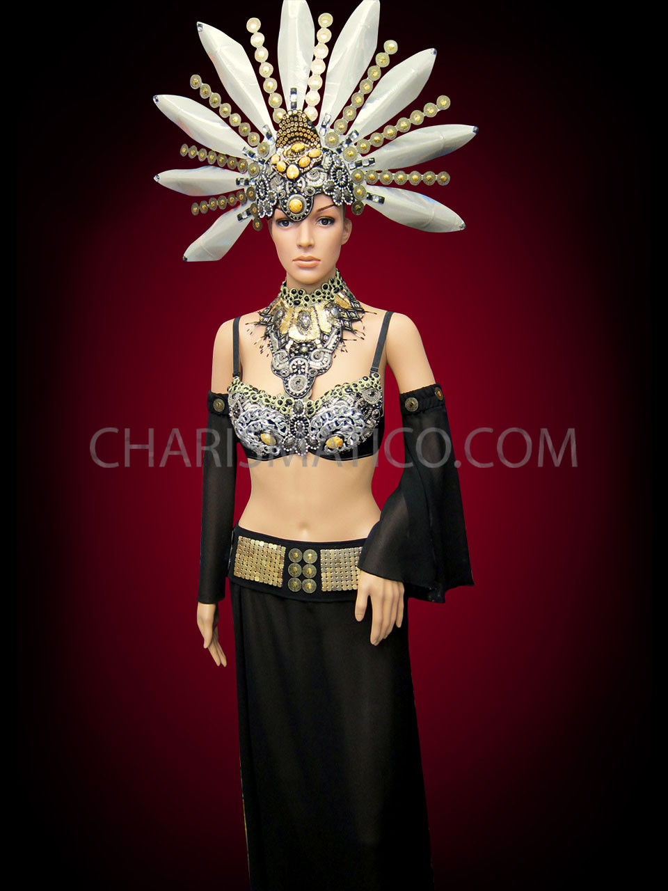 Native Tribal-Styled Belly Dance Bra, Headdress, Armbands And Skirt Set
