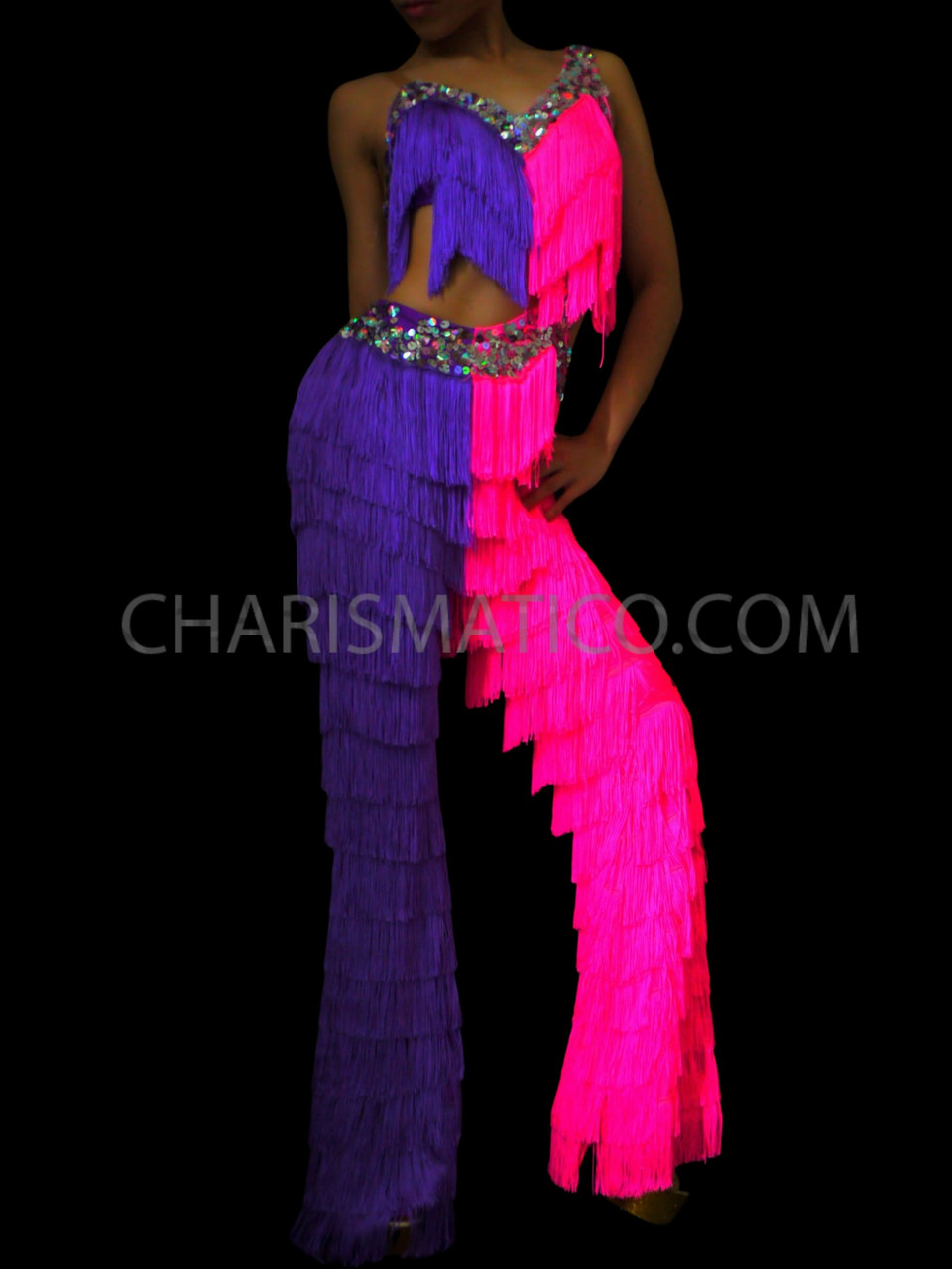 Latin Dance Inspired Pink Fabulous Fringe Pants With Rainbow Sequin Trim