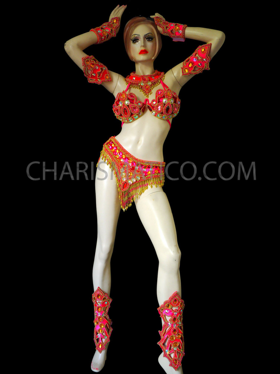 Sequin Cabaret Dance Costume Bra with Beaded Accents - HOT PINK / FUCHSIA