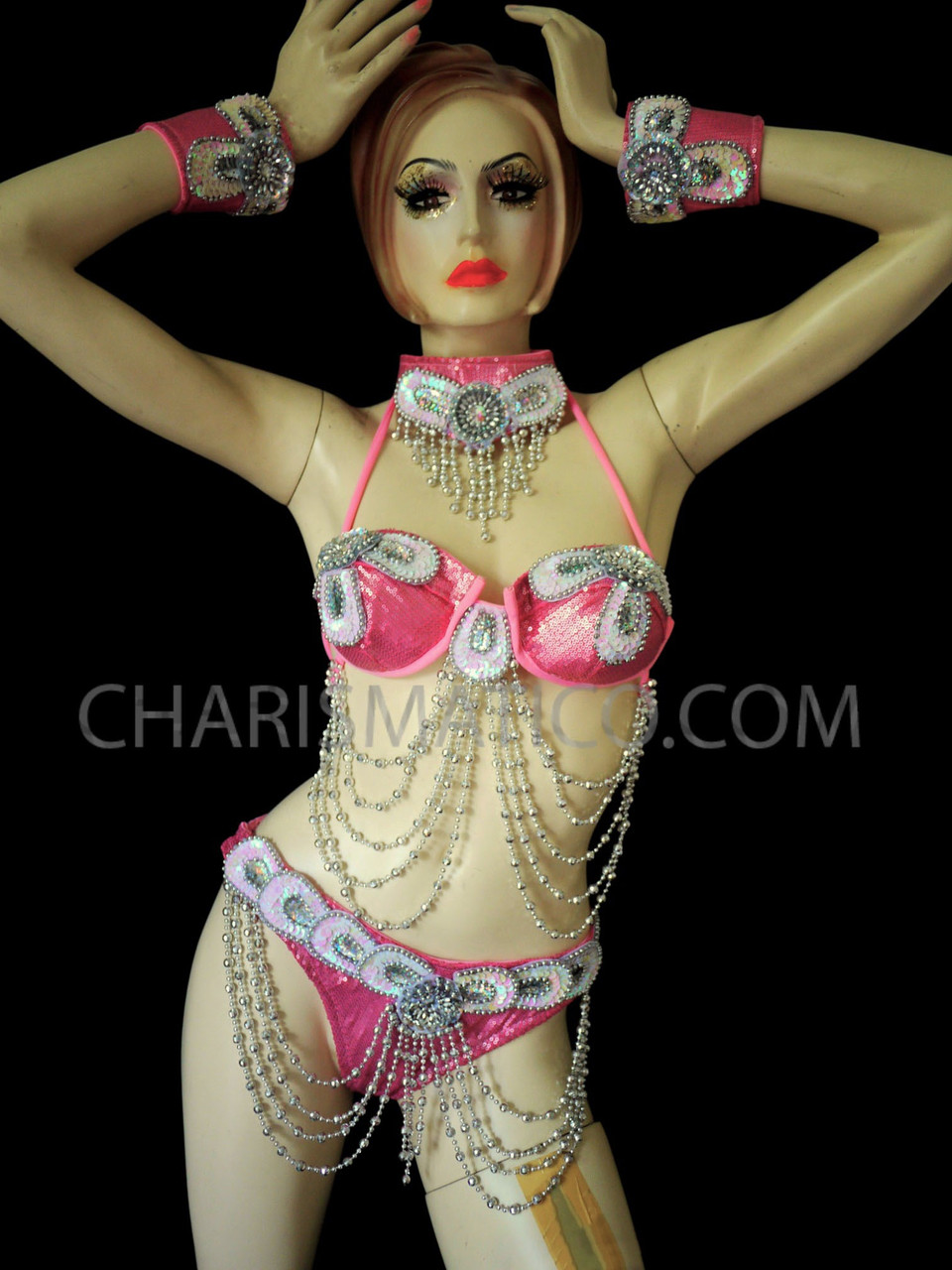 Exotic Metallic Gold Sequin Belly-Dancer Bra And Matching G-String