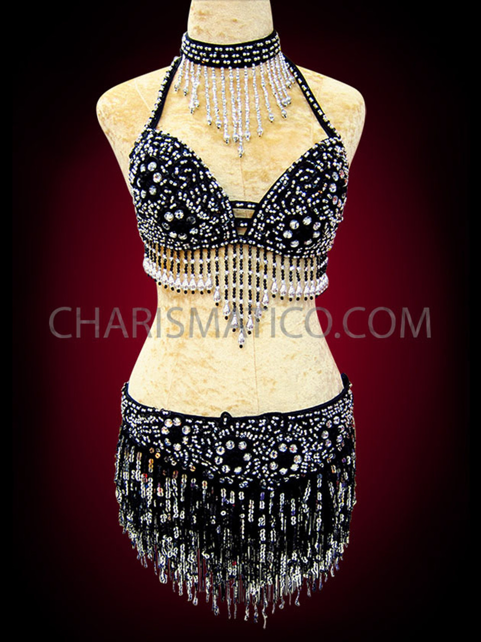 Silver Sequin & Beaded Fringe Belly Dance Bra Top - At