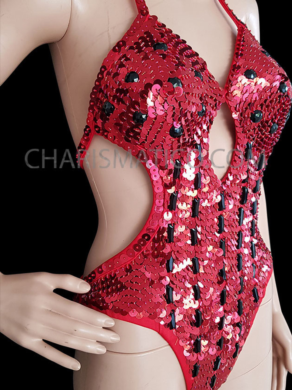 Hot Fiery Red Black Sequin Leotard