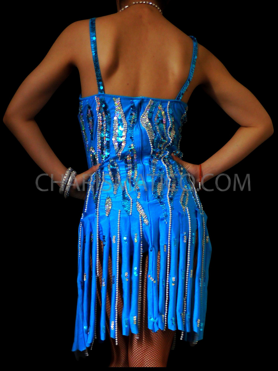 Satin Fringed Beaded Blue Sequin Latin Cha Cha Dance Dress
