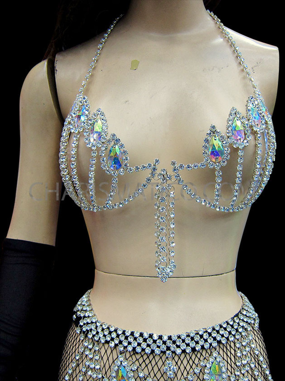 Alluring Fancy Diva's Rhinestone Edged Cage Bra With Teardrop Accents