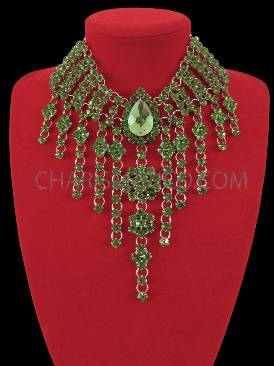 Olive Green Rhinestone Collar Like High Necked Necklace With Iridescent Crystal JA1458 2 74533.1616834418