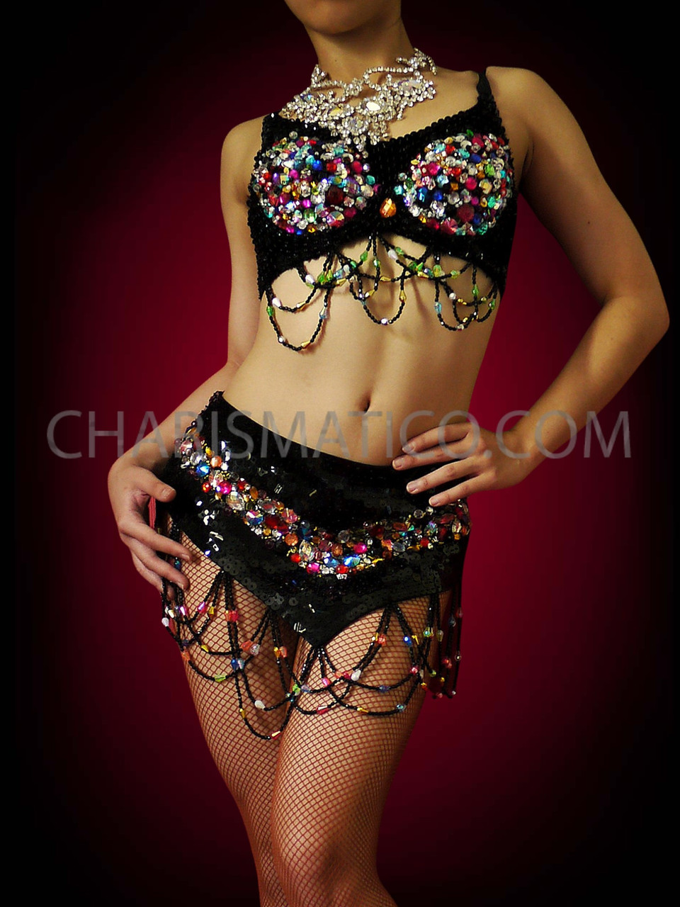 Studded Tribal Belly Dance Bra and Belt with Coins and Pendants