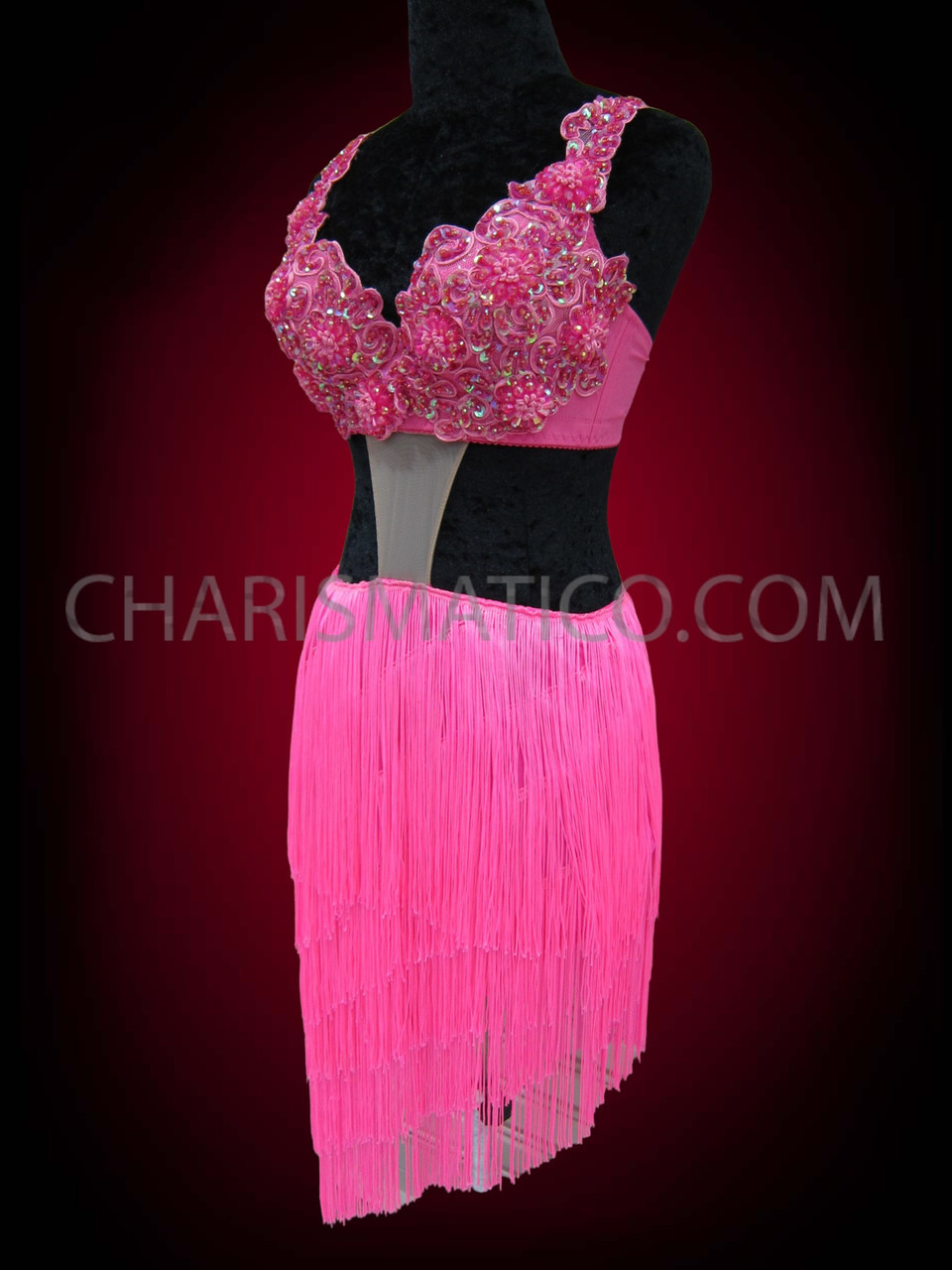 Two Piece Illusion Beaded And Fringed Pink Latin Dance Dress