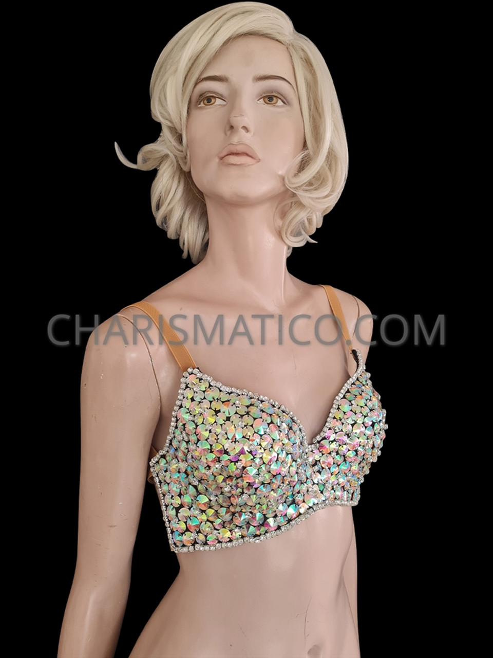 Bright Pastel Iridescent Icy Crystal Beaded Bra With Rhinestone Accents