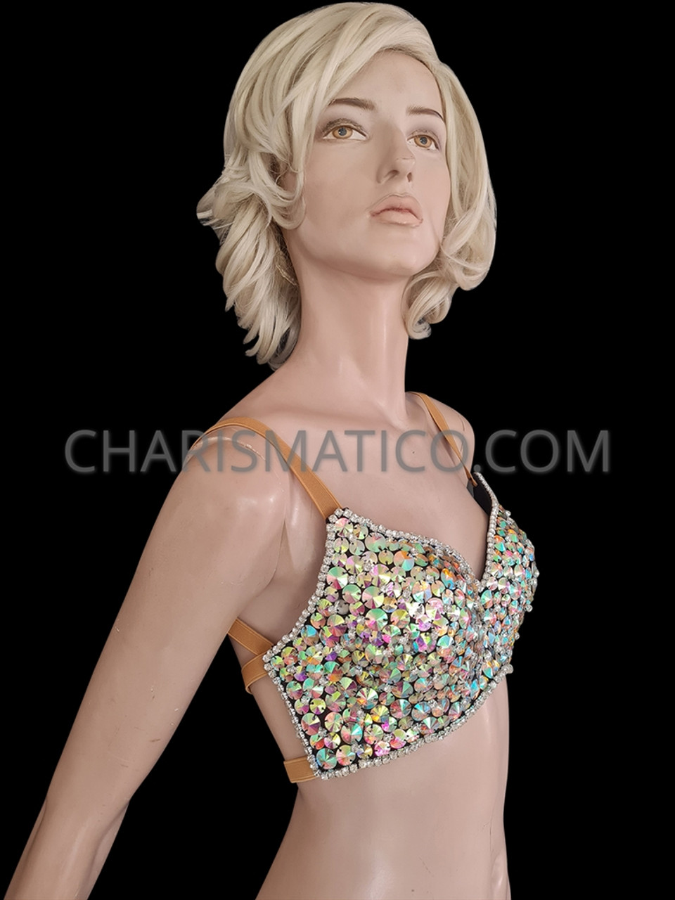 Bright Pastel Iridescent Icy Crystal Beaded Bra With Rhinestone