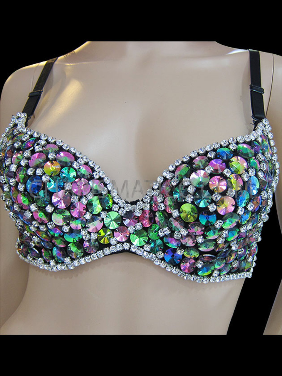 Iridescent Green Crystal Beaded Bra With Rhinestone Accents