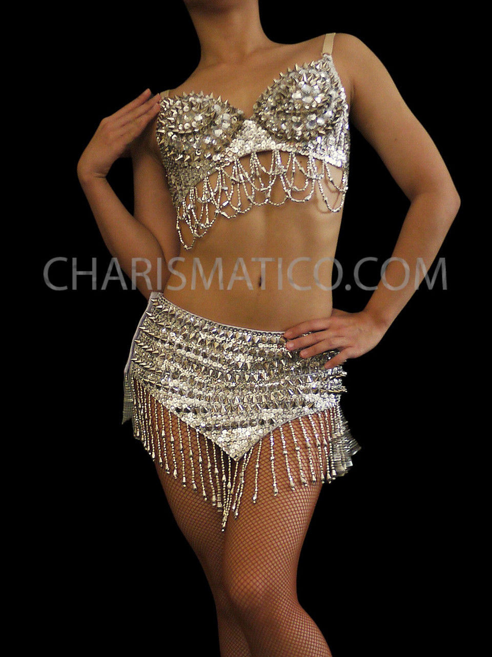 Punk Sequined Spike Embellished Silver Bra Top And Matching Belt Skirt