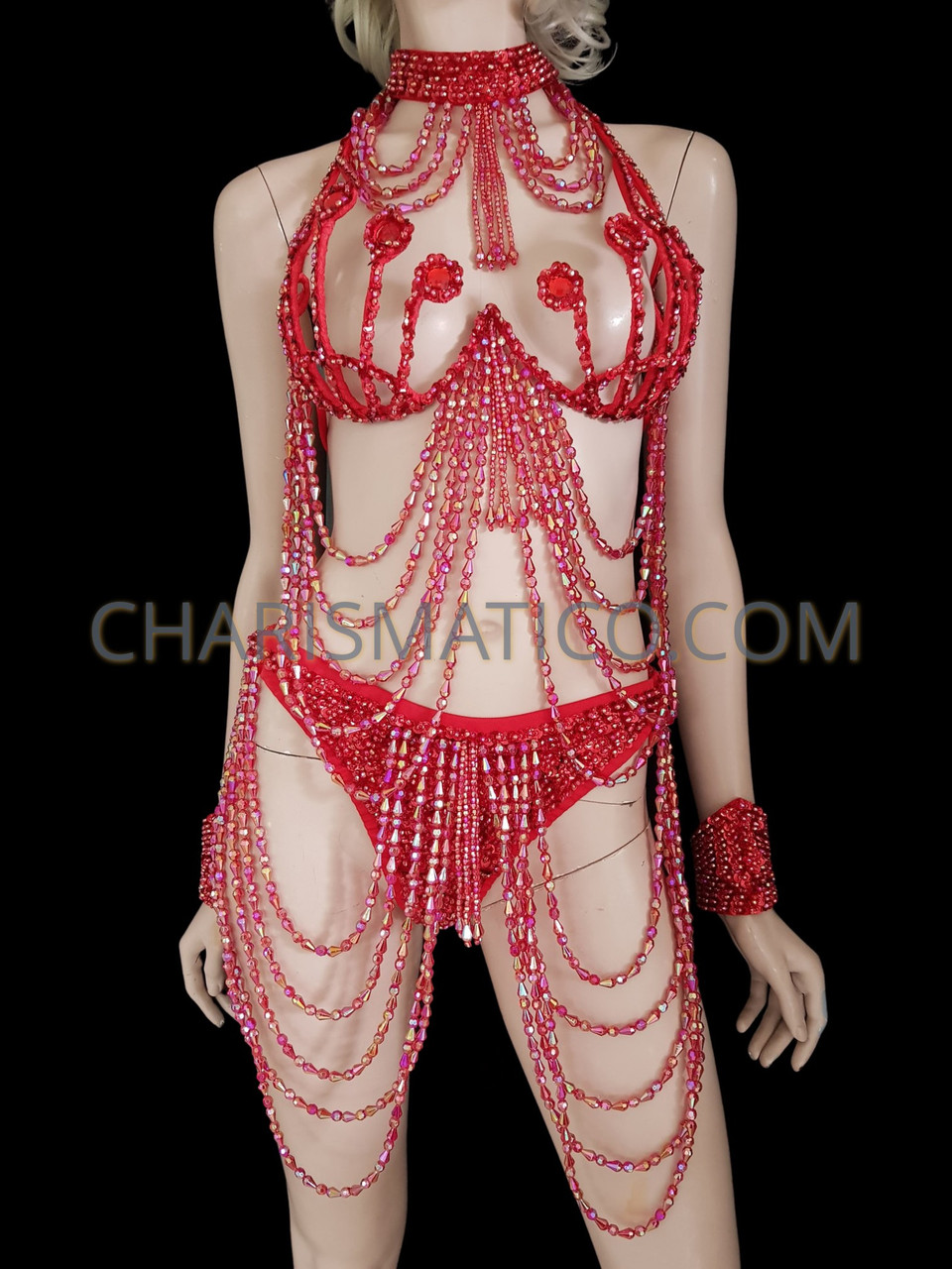 Burlesque Red Beaded Fringe Loop Cage Bra And Thong Set