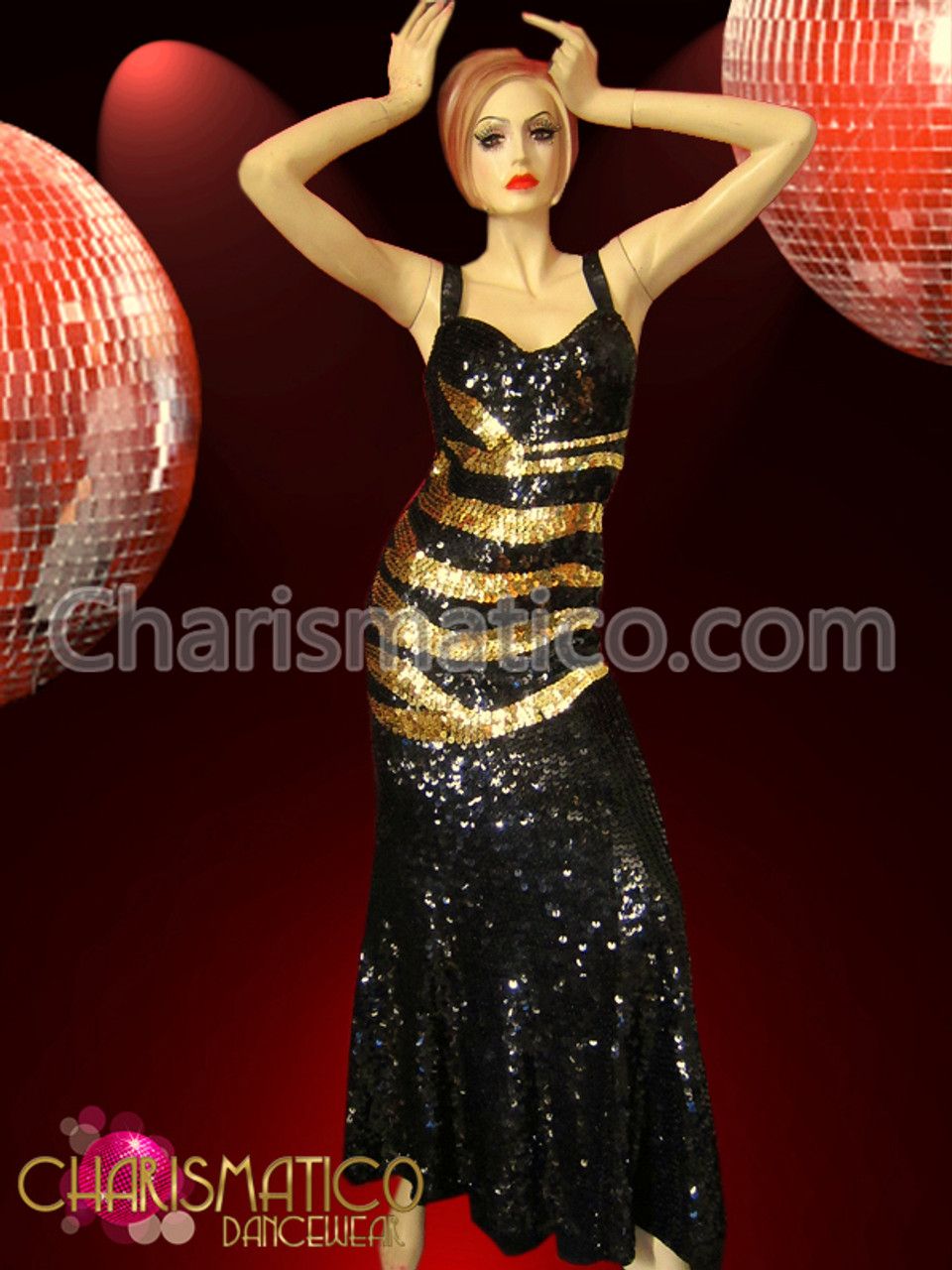 black dress with gold stripes