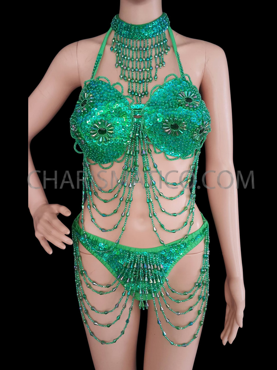 Neon Green Sequin And Beaded Gogo Bra With Matching Thong