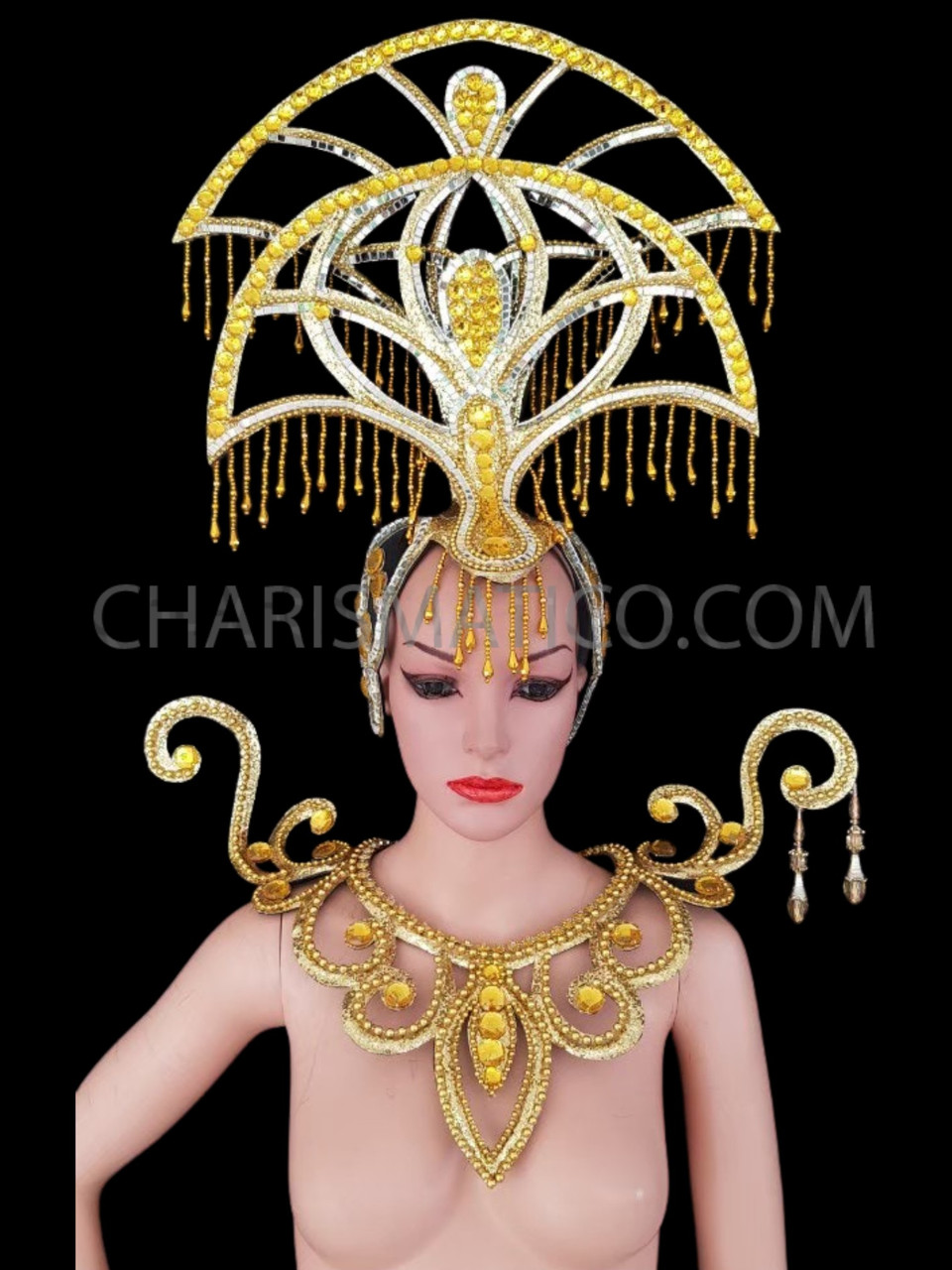 CHARISMATICO Gold beaded Mirror trim Amber accented headdress and Collar set 