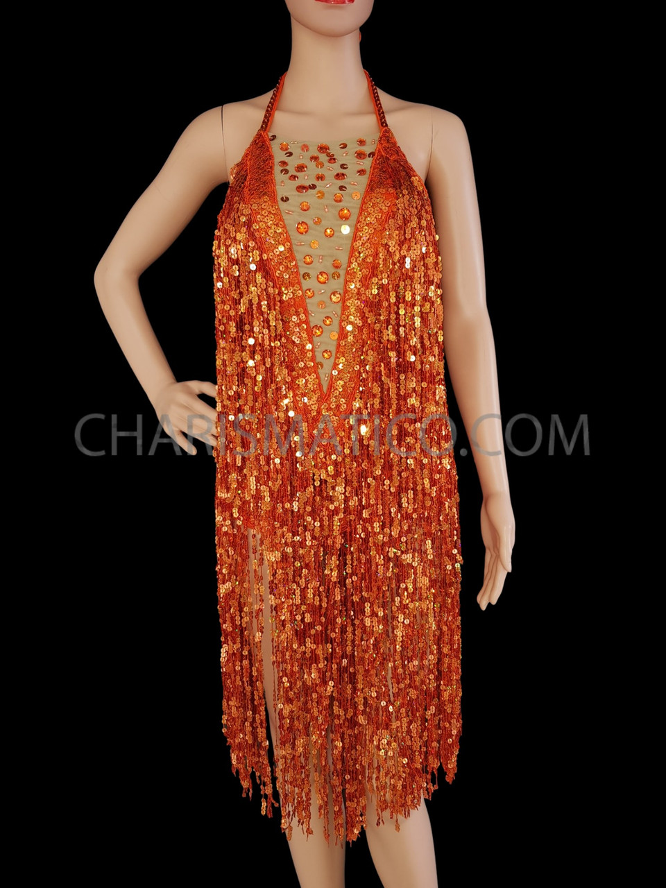 Orange Sequin Halter Dress With Long Sequin Fringe