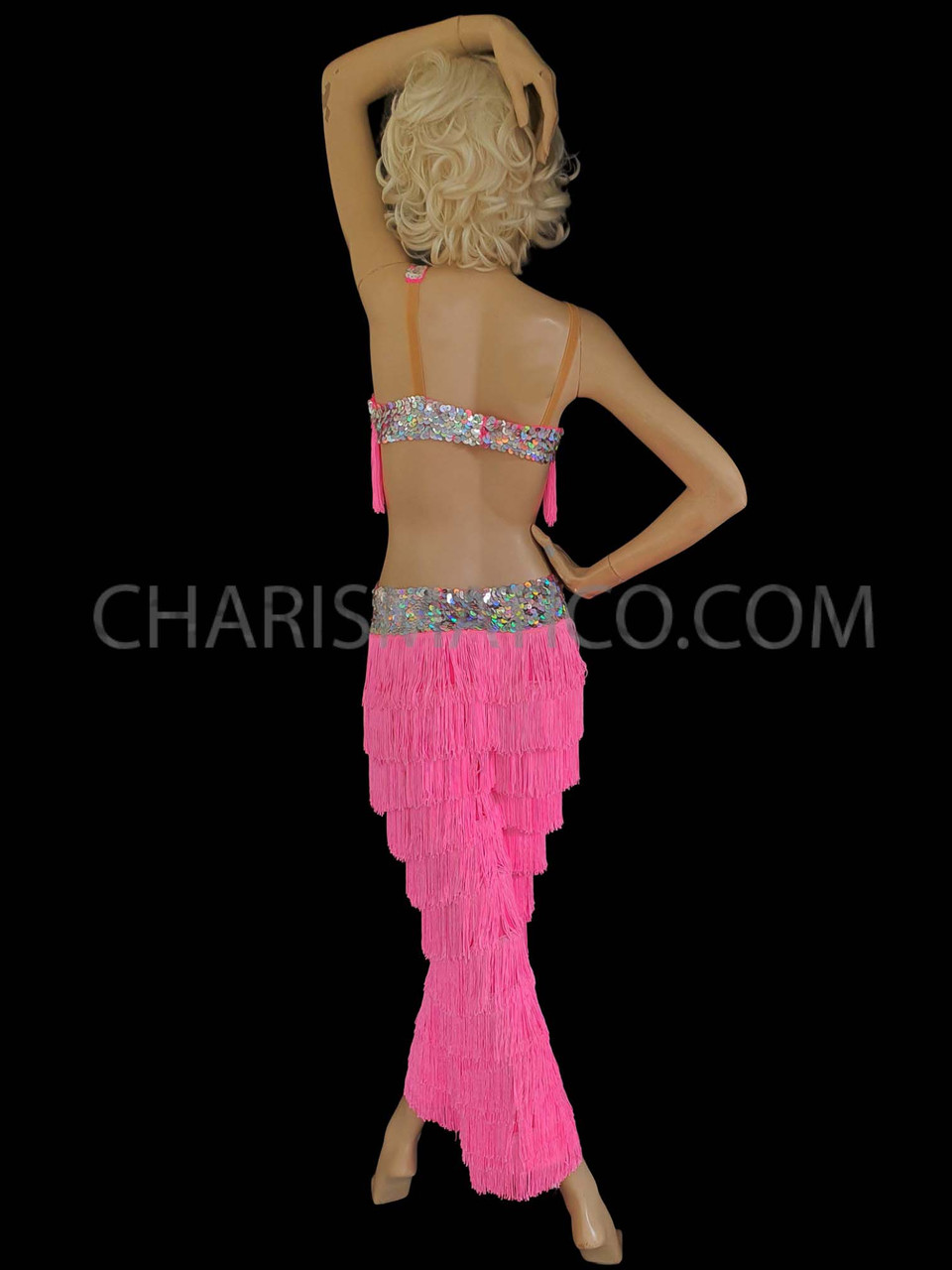 Low-Rise Neon Pink Fringe Dance Pants With Matching Fringe Top