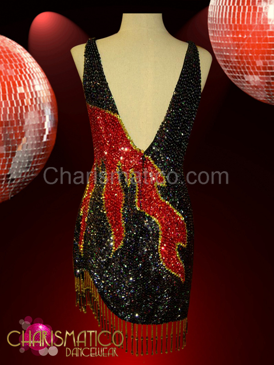 Swirl patterned red showgirl's Dress with laser-cutout diamond sequin Fringe 