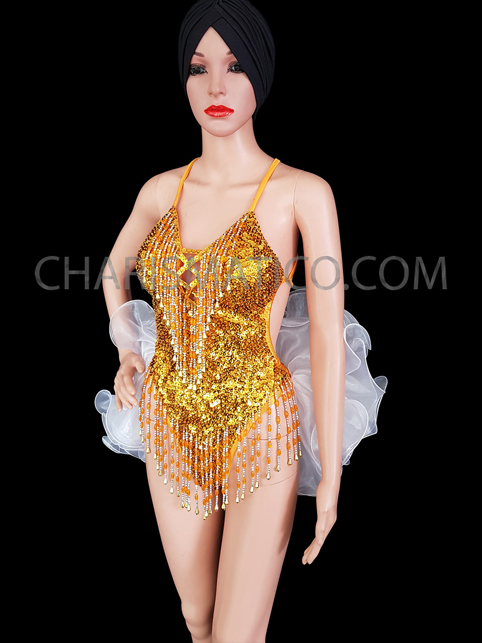 Gold sequin halter style fringed leotard with organza ruffled tail