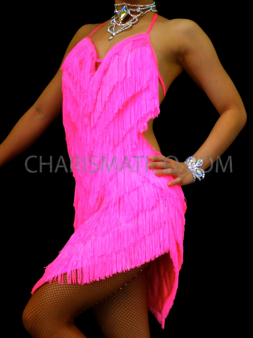 Pink Fringe Latin Dance Bodysuit Dress
