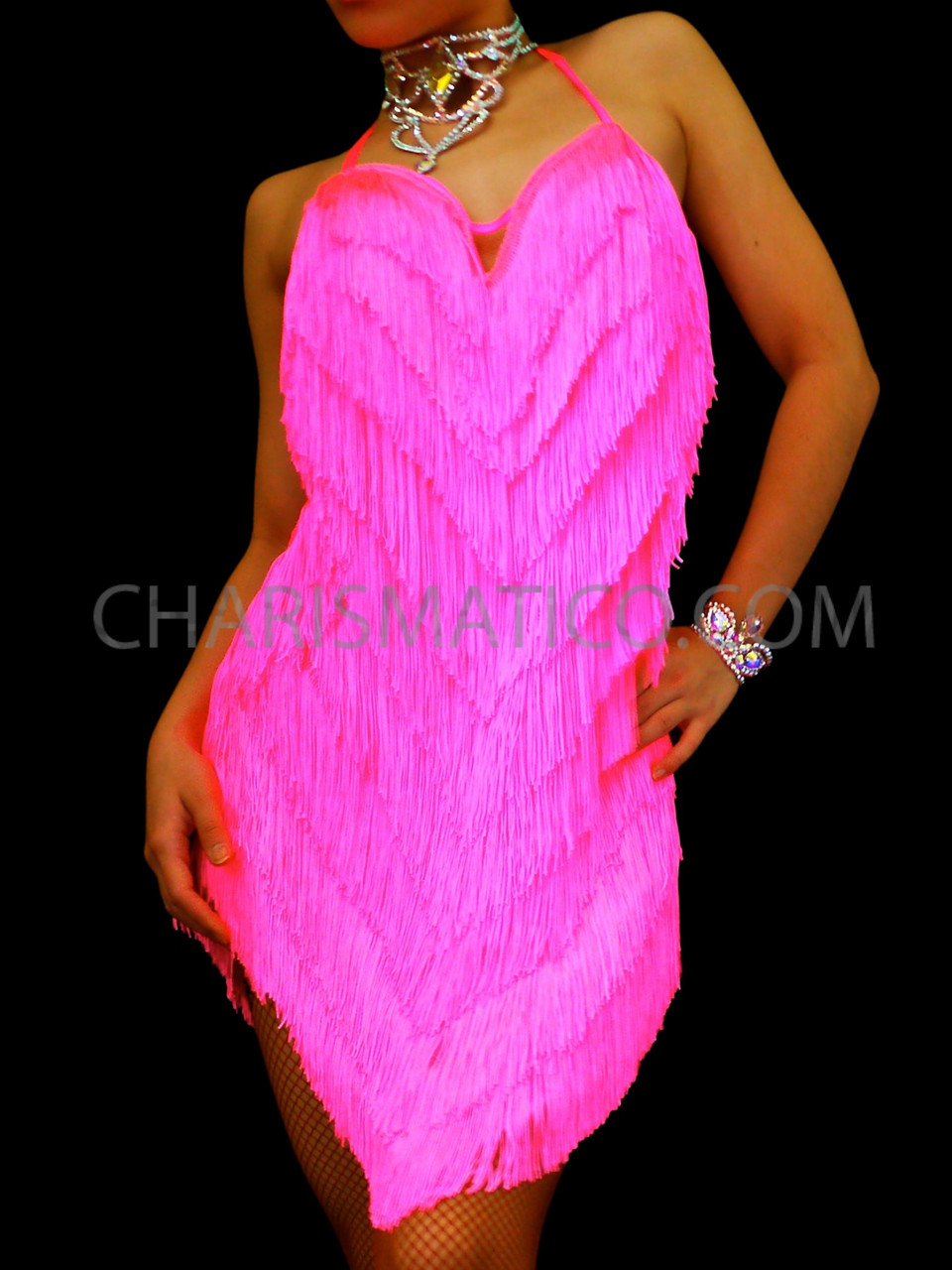 Pink Fringe Latin Dance Bodysuit Dress