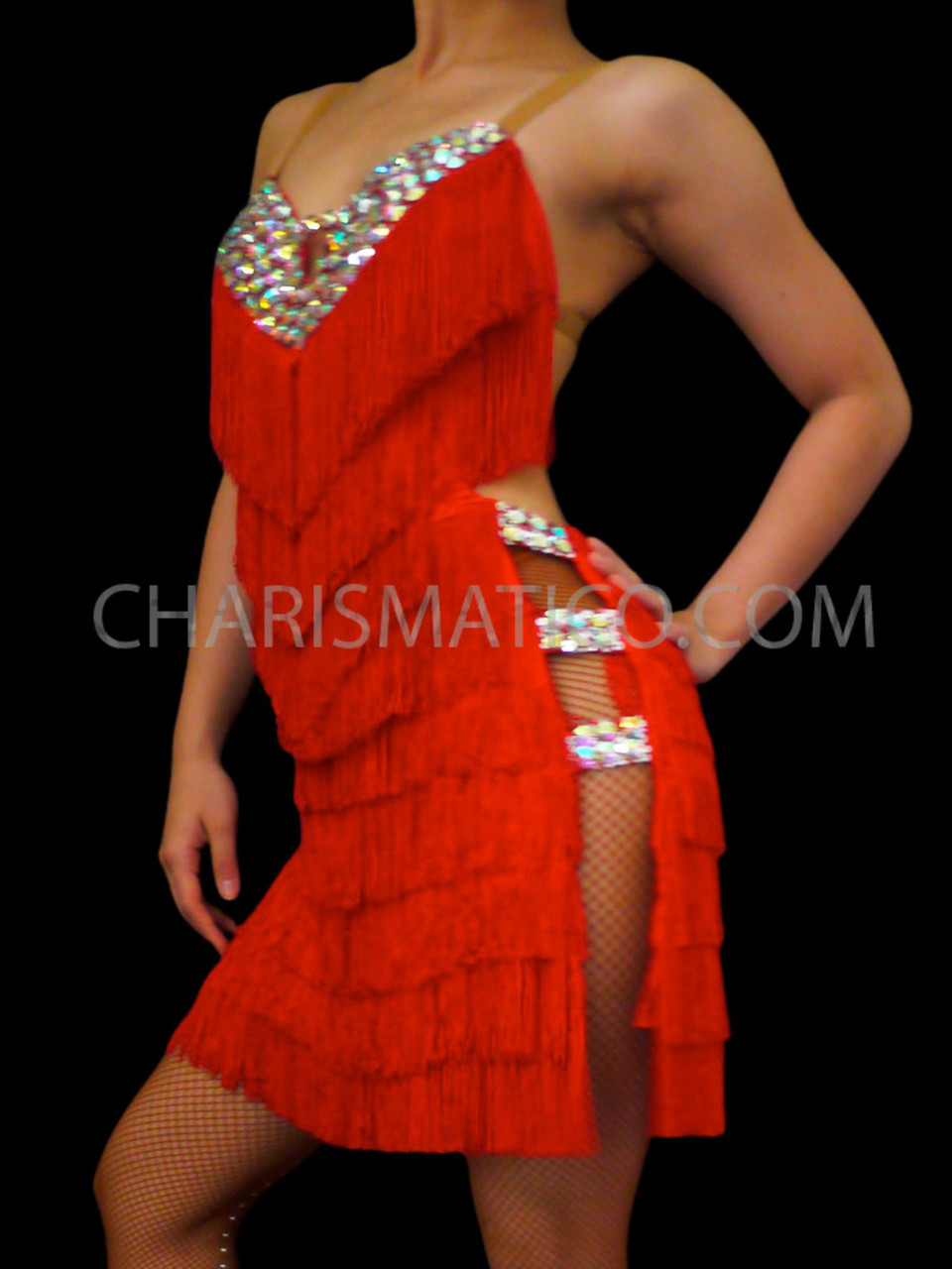 Red Fringe Latin Dance Sexy Hip Cut Out Dress 