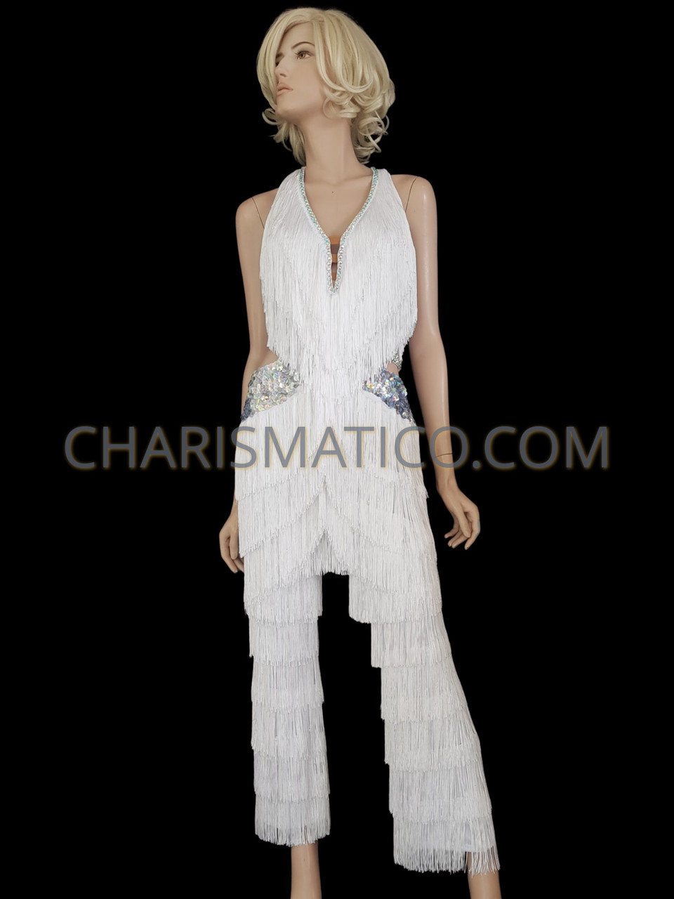 White Halter Fringe Latin Salsa Dance Pants