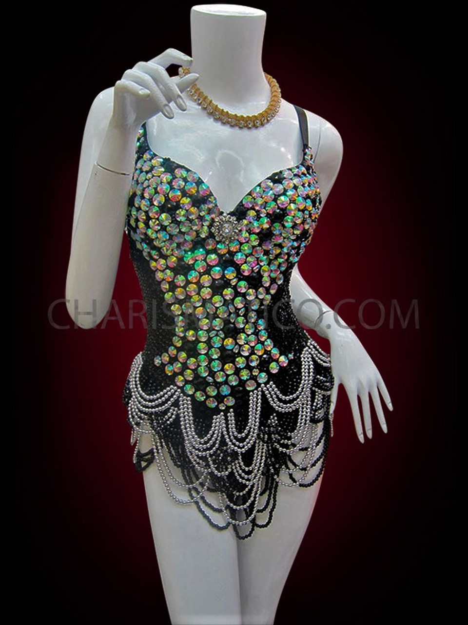 Black Figure Flattering Crystal Dance Leotard With Beaded Draped Skirt