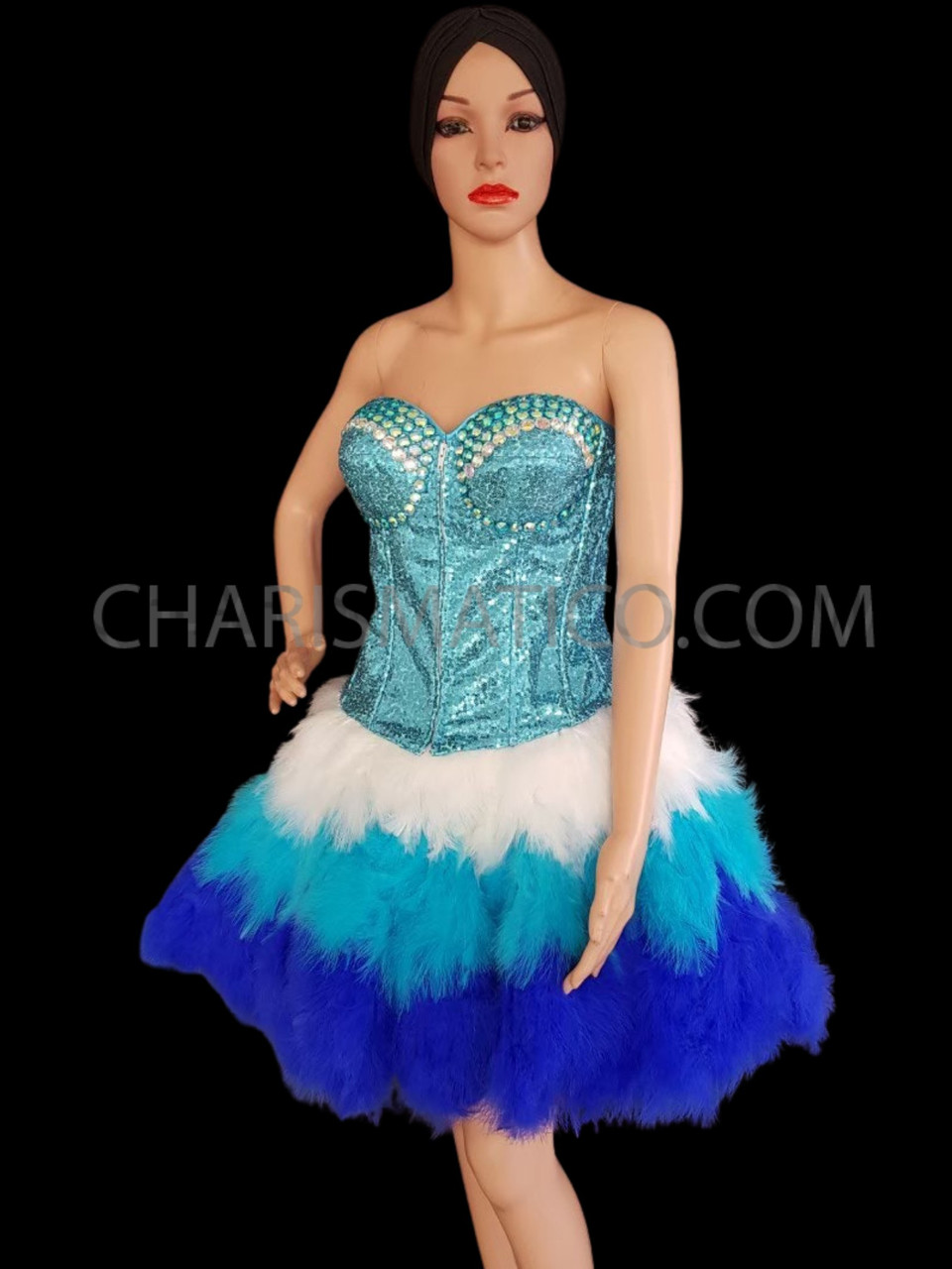 Pale Blue Corset, Matching Royal Blue Feathered Skirt And Collar