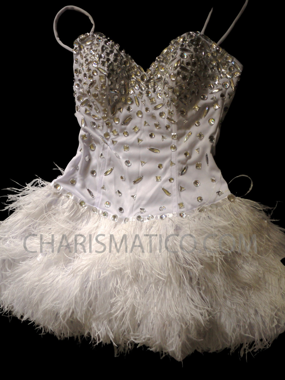 White Corset Style Dress With Crystal Details And Full Ostrich Feather ...