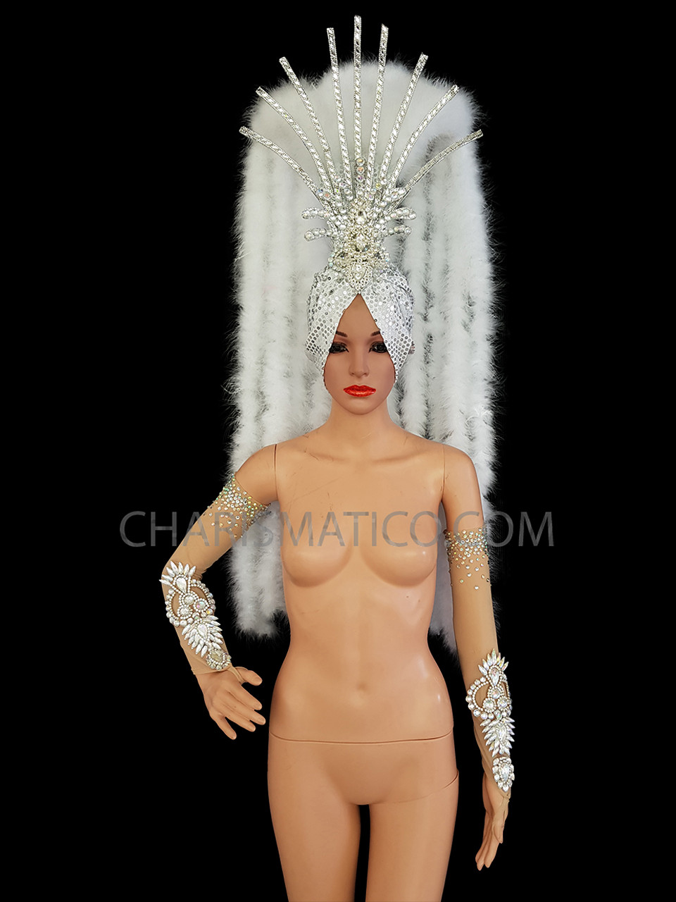 White Showgirl Feather Boa Headdress