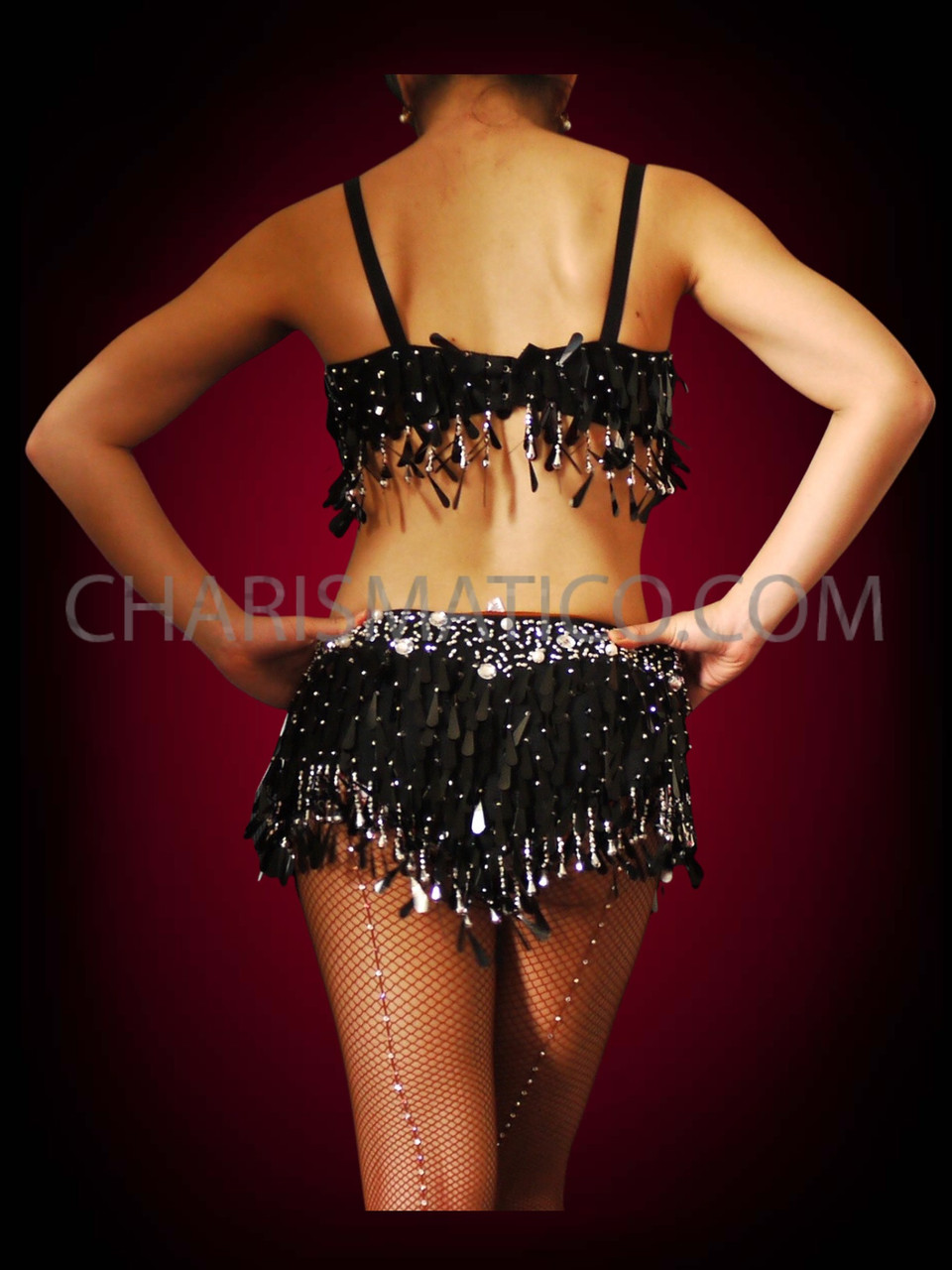 Black Sequin Beaded Bra and Belt Set with Silver Teardrop Paillettes