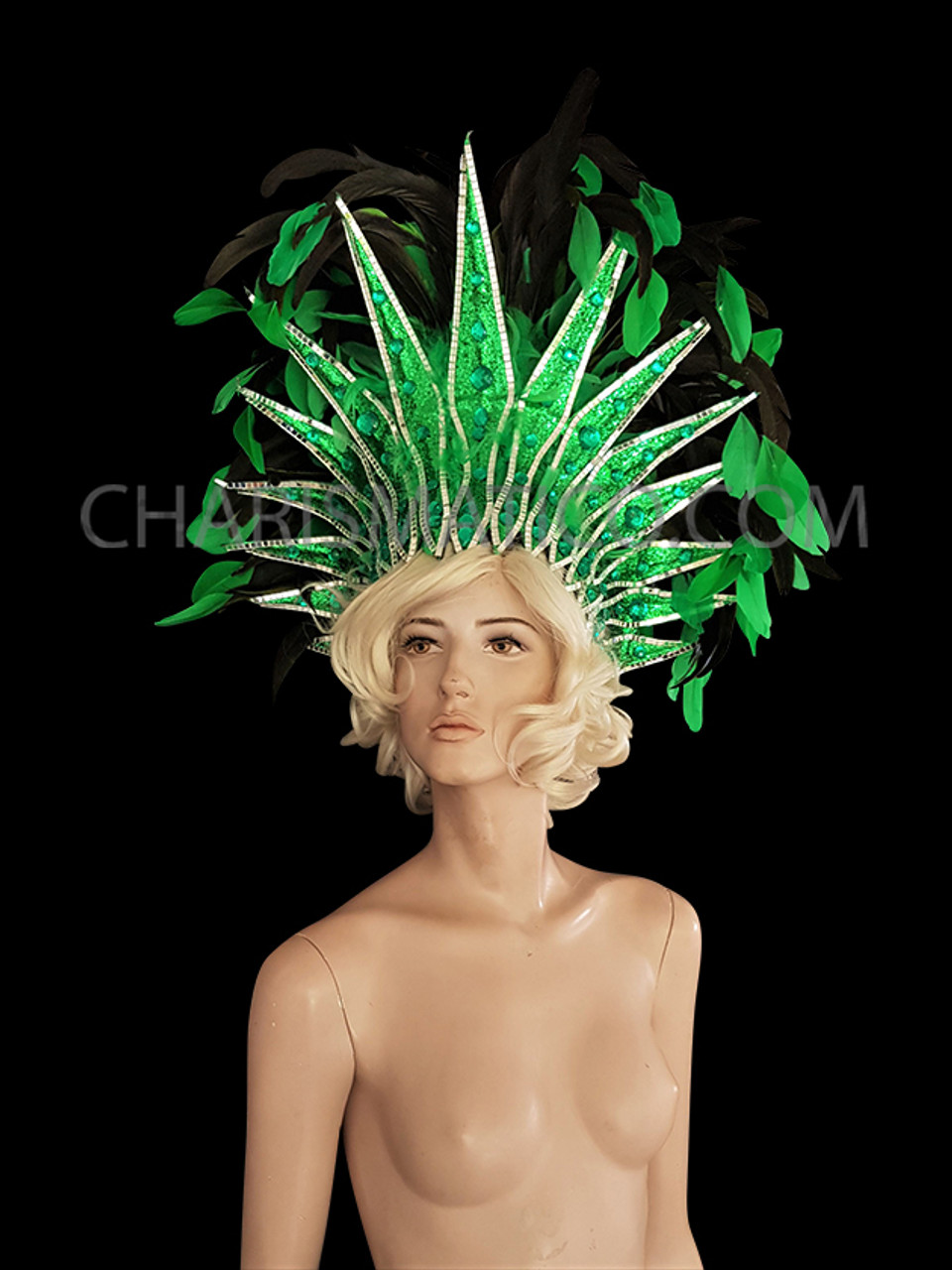 Green Glitter Based Headdress With Emerald Crystals And Forest Green  Feathers