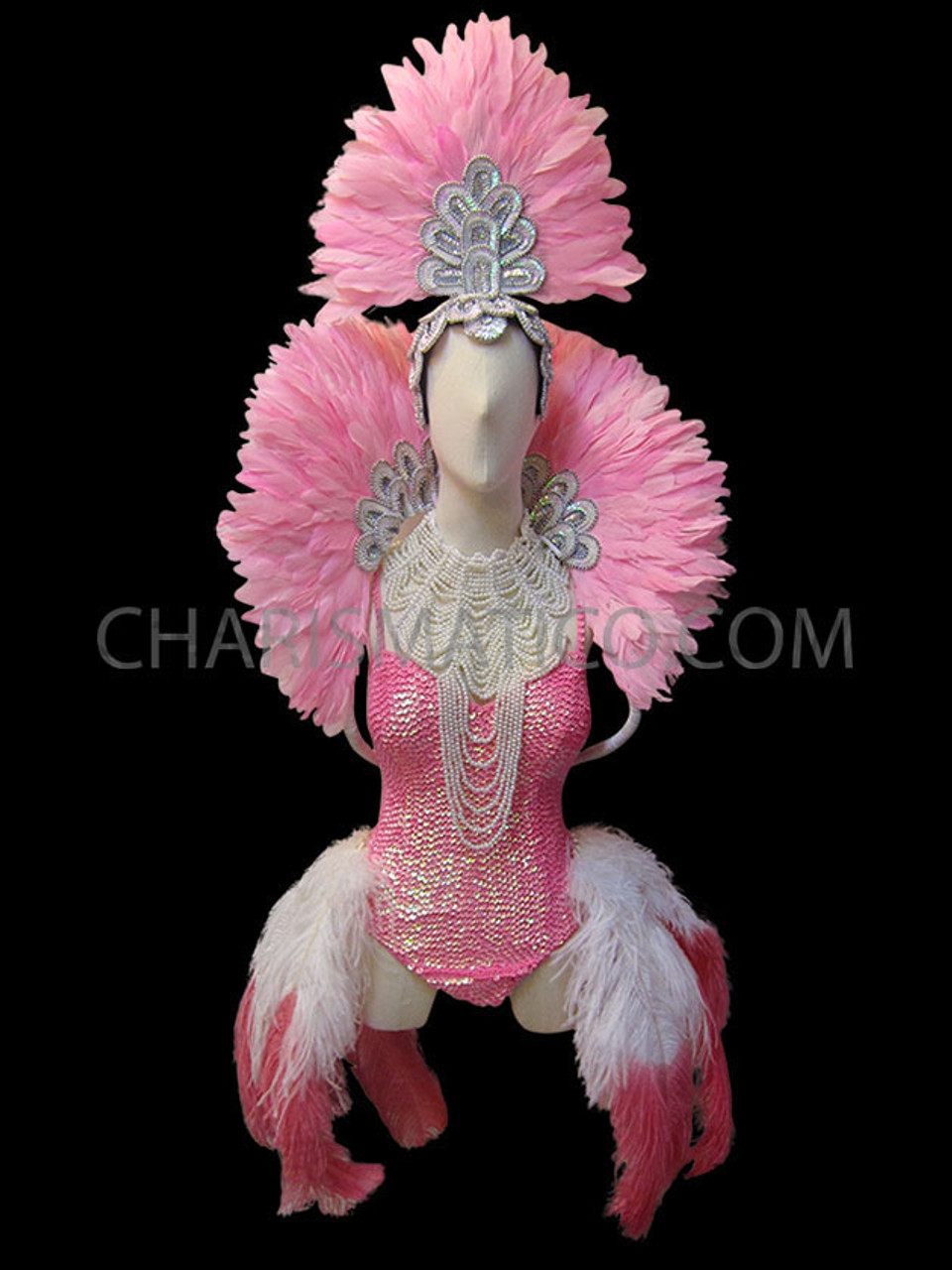 Silver Trimmed Pink And White Feather Accented Burlesque Costume Set