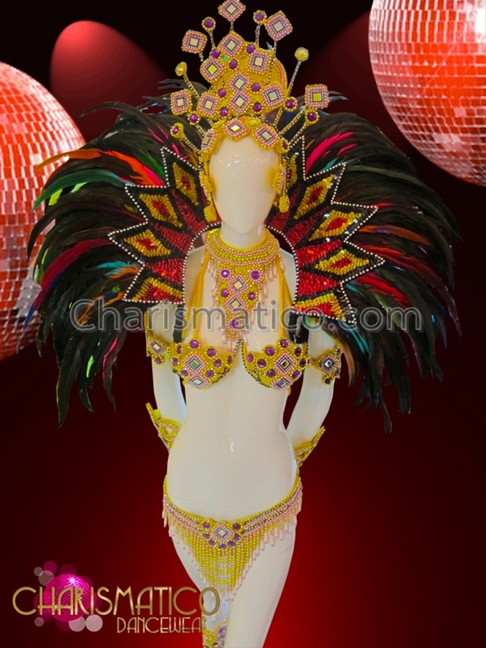 Red Samba Rio Carnival Cage Bra Set With Headdress
