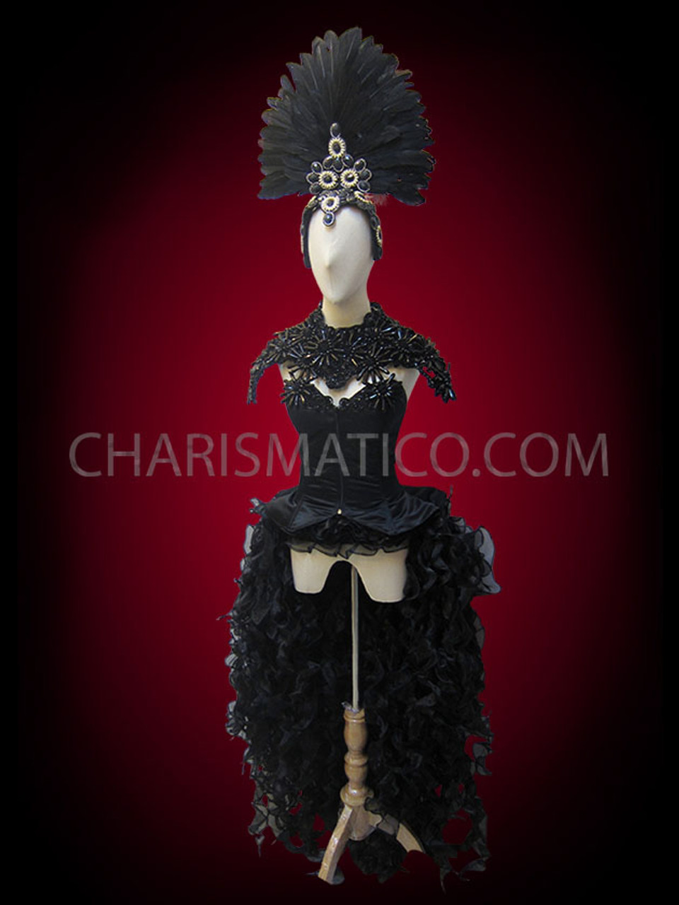 BLACK DIAMOND Steampunk Dress Feather Bustle Rhinestone Burlesque Costume  Gothic Corset 