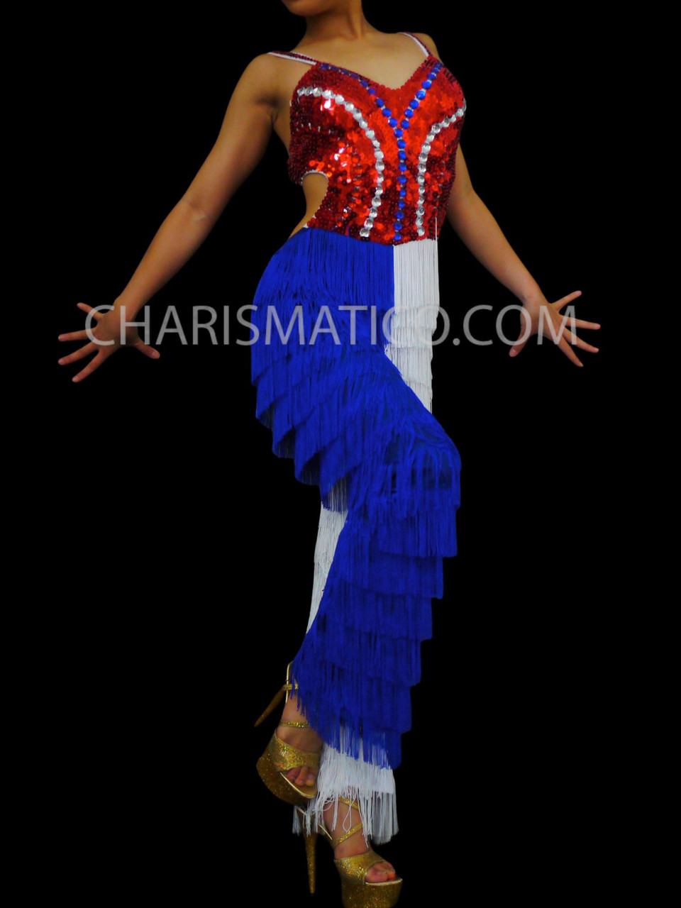 Red Topped Blue And White Independence Day Fringed Dance Pants Outfit