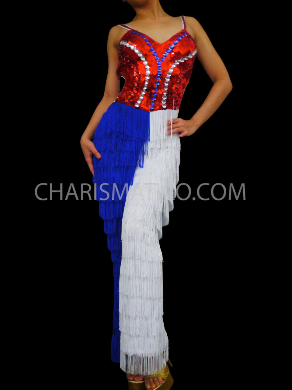 Red Topped Blue And White Independence Day Fringed Dance Pants Outfit