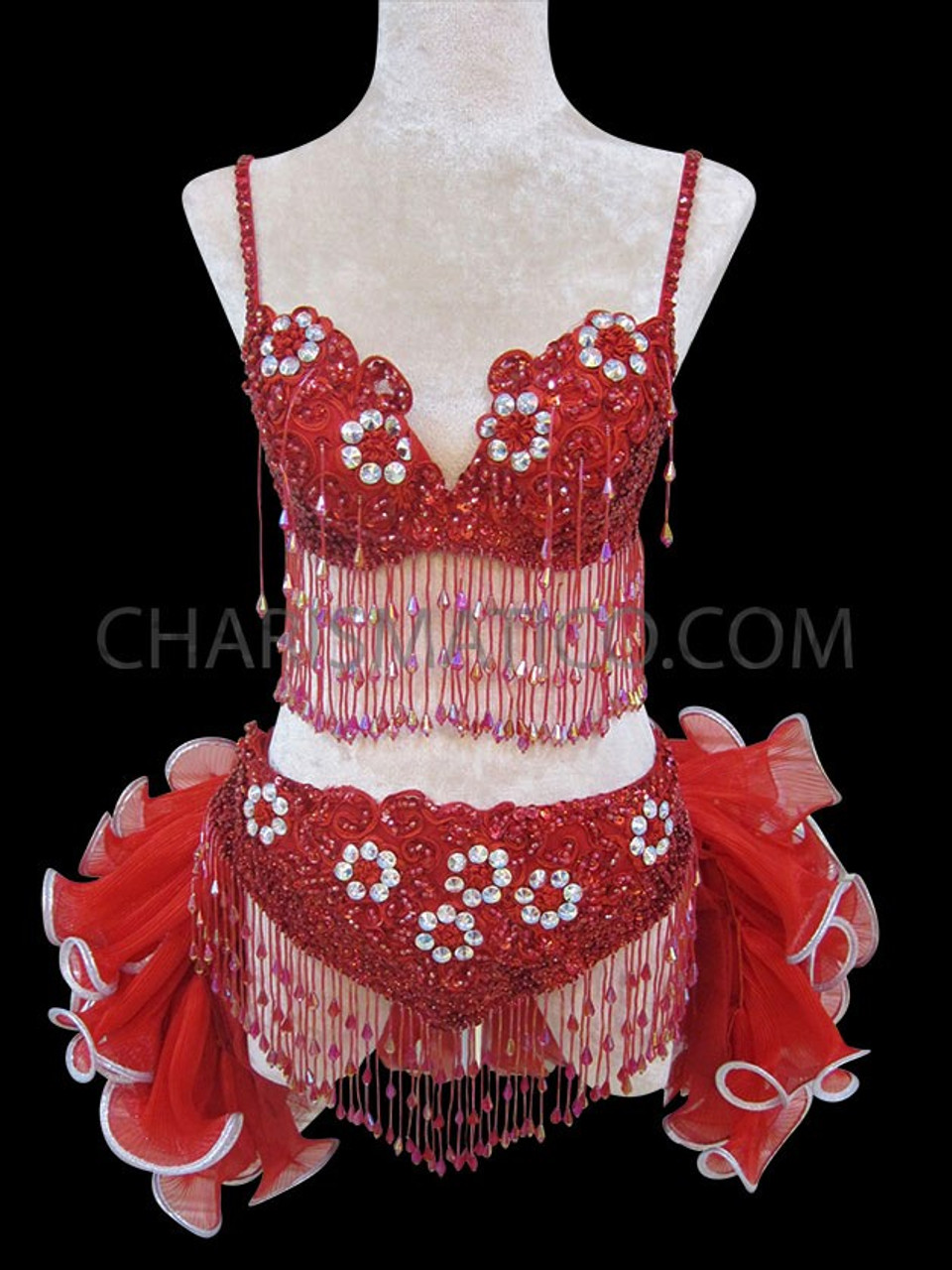 Three Piece Red Bra, Belt And Tail-Skirt Mambo Salsa Dance Dress