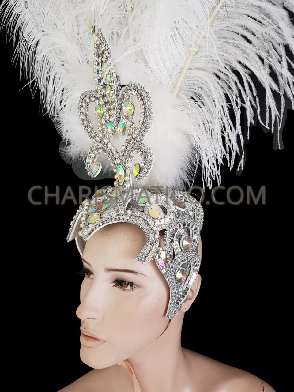 Silver Beaded, Iridescent Crystal Embellished, Ostrich Feather Headdress