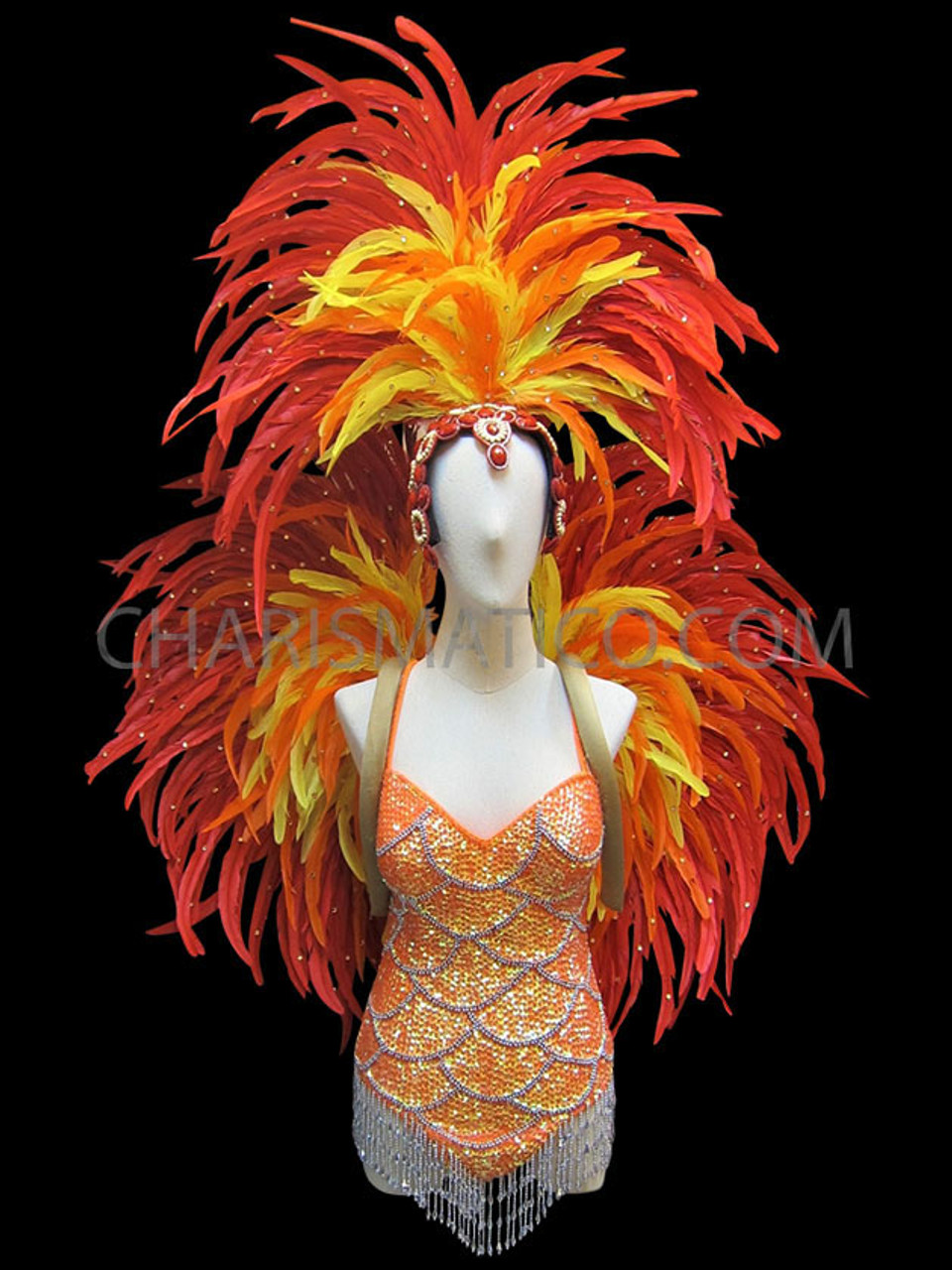 Orange Scale-Patterned Sequin Leotard, Backpack And Headdress Brazil ...