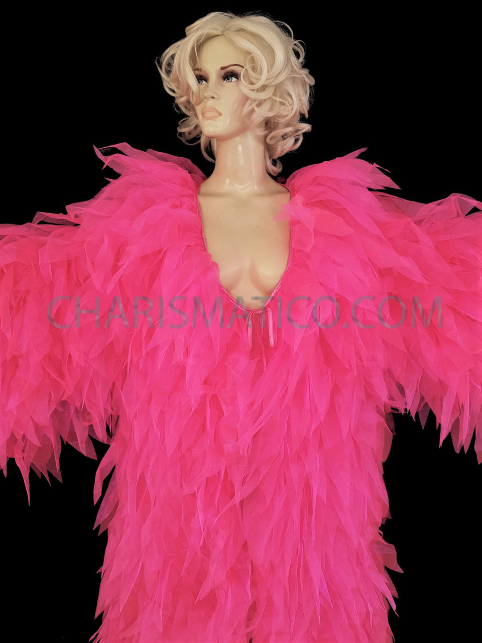 Neon Pink Feather-Inspired Drag Queen Ruffled Organza Coat