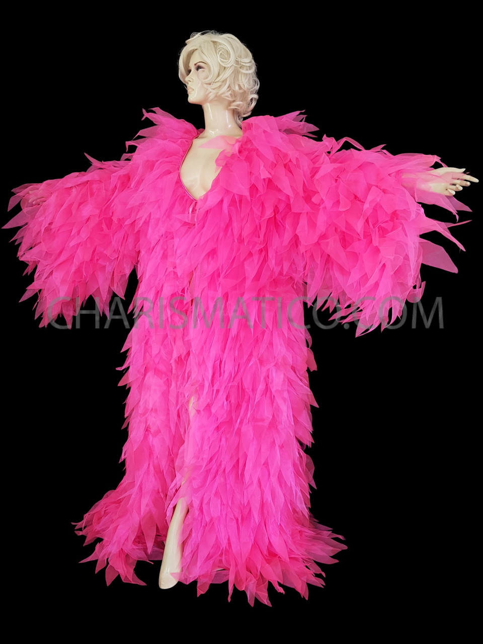 Neon Pink Feather-Inspired Drag Queen Ruffled Organza Coat