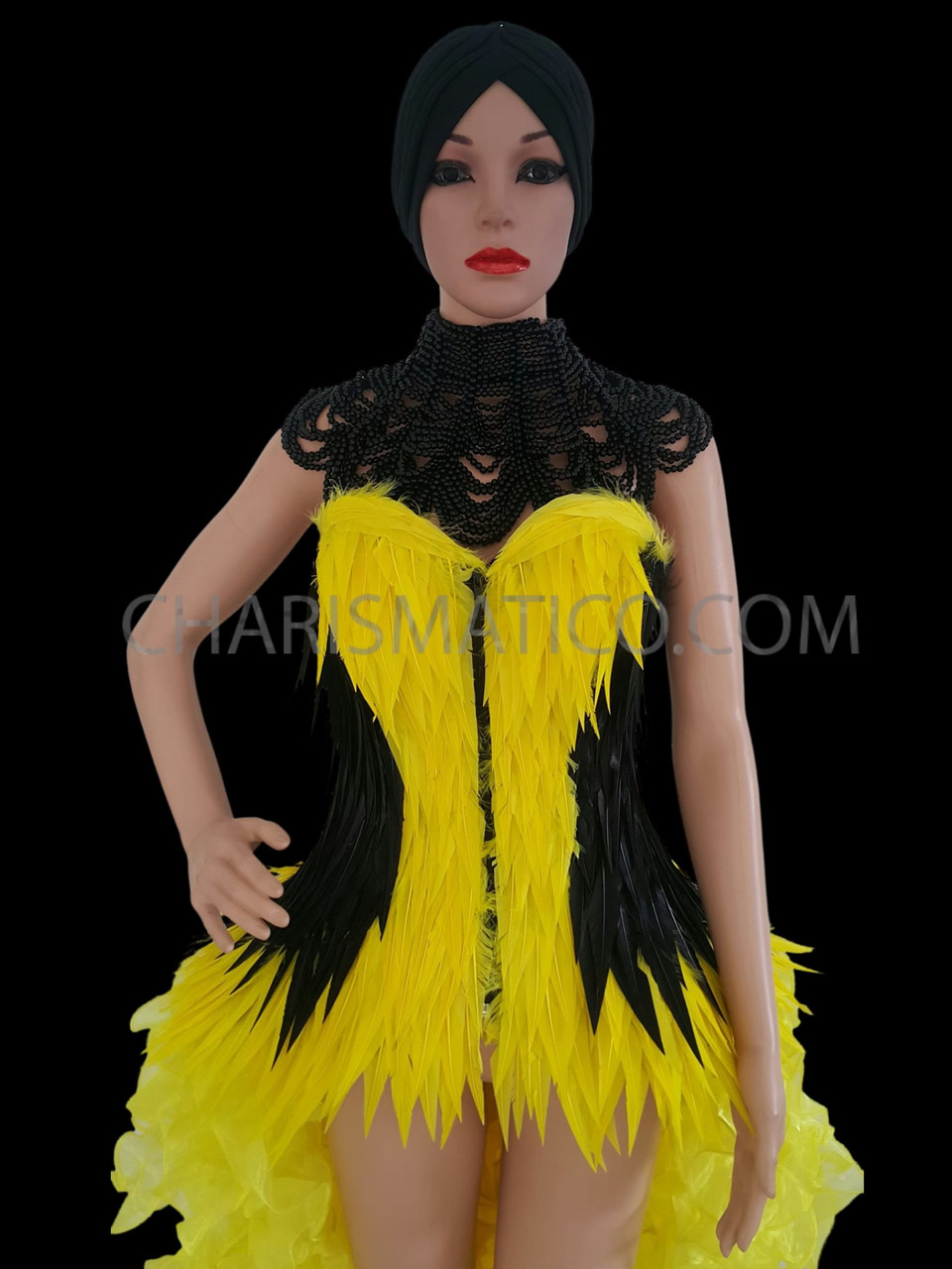 Yellow And Black Feather Corset, Beaded Necklace, And Organza Tail-Skirt