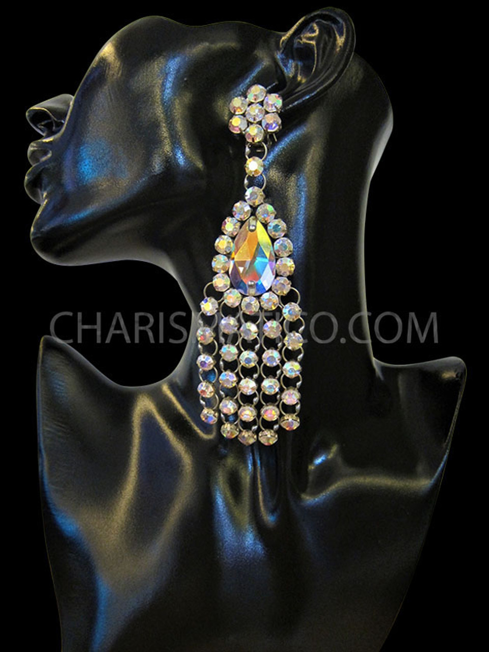 Rhinestone Cluster Accented Iridescent Teardrop Crystal Drag Queen's  Chandelier Earrings