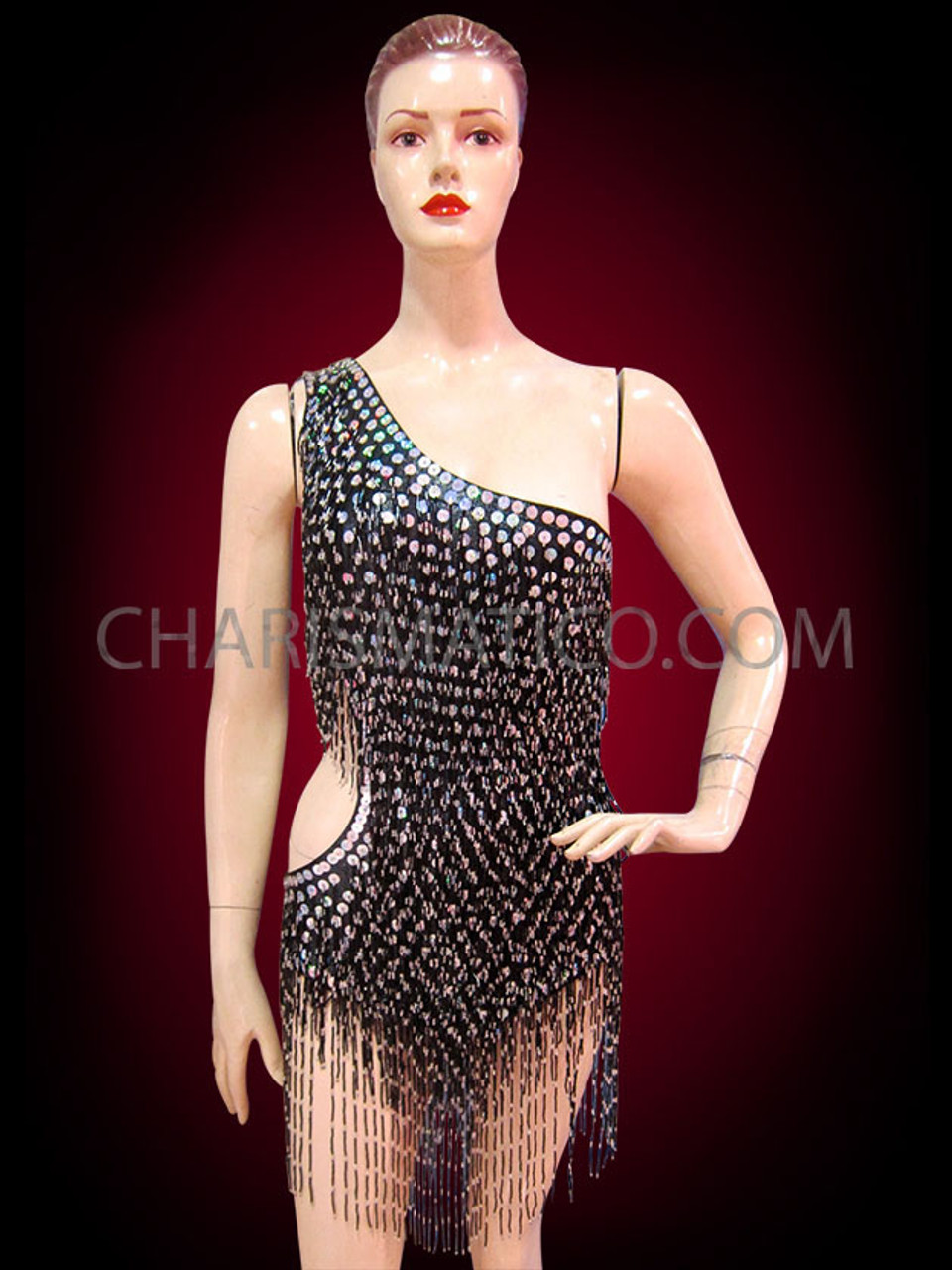 Asymmetrical Black Sequin Leotard With Silver Accented Seed Bead Fringe